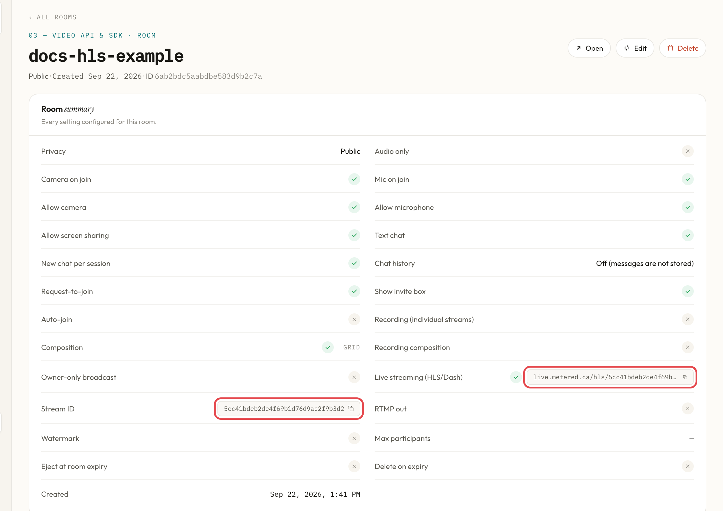HLS live stream URL and Stream ID on the room page